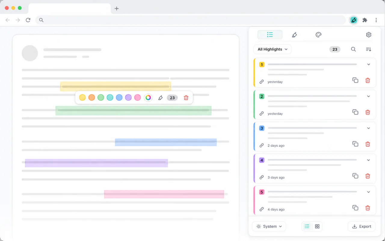 A browser side panel showing organized highlights with colored cards and copy controls.