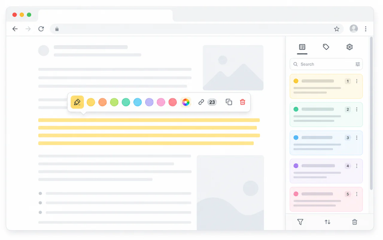 A browser page with a highlighted passage, color swatches, and a compact highlight toolbar.